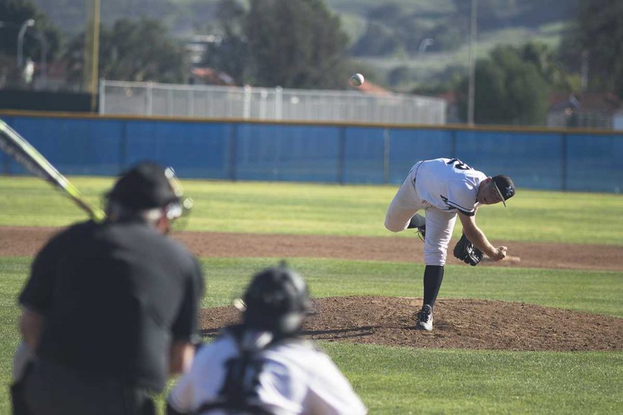 John Cashman pitches against Chaffey College at Saturday afternoons home game.