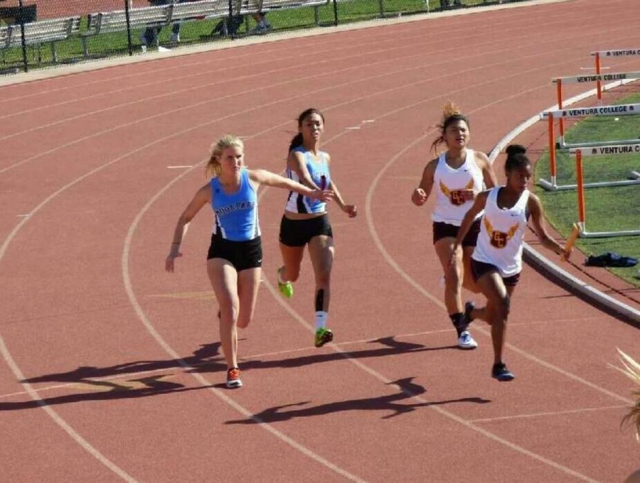 Moorpark running against Glendale in the Ventura Relays on Feb. 19 in the Medley Relay event. Photo credit: Crystal Kline