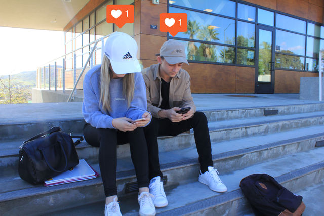 Rachel Provencal, 19, communications major, and Mike Gharapetian, 19, accounting major, catching up on social media. Photo illustration by Emily Mireles and Gabrielle Biasi