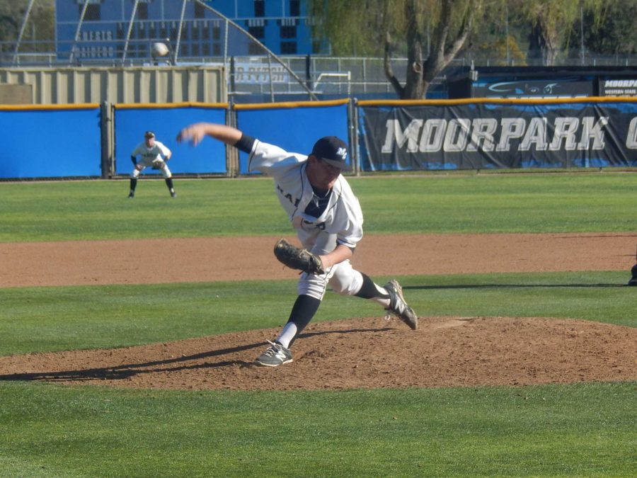 Moorpark College starter Jake Eaton pitches to the plate against the Pierce College Brahmas in the game played February 25. Moorpark lost 5-4. Photo credit: Brian King