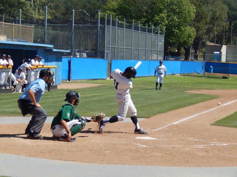 Catcher Riley Conlan hits a foul ball in Saturdays game against Golden West. Moorpark jumped out to an early lead, but lost the game 8-6.