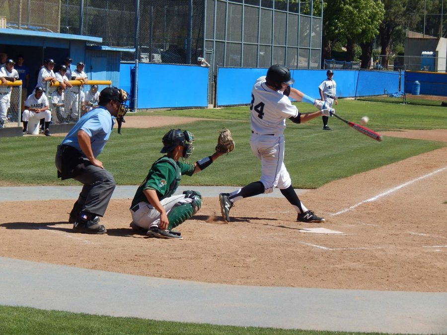 Raiders freshman outfielder Jack Rosenberg hits the ball against non-conference Golden West College Saturday, March 26. The Rustlers won 8-6. Photo credit: Brian King