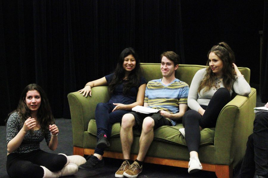 Students rehearse Peephole, an original Student One Act. Left to right: Danielle Gutierrez, 18, undecided major, Dianne Torres, 19, theatre for transfer, Philip Astor, 19, undecided major, and Rachel Gula, 18, theatre major. Photo credit: Kristen Schulte