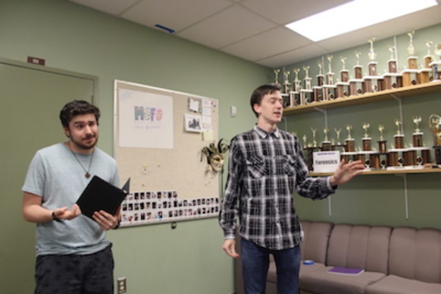Steven Suarez (left) and Vladimir Kremenetski (right), members of the MC Forensics Team, prepare for Night Before Nationals on March 29 and 30. Photo credit: Son Ly