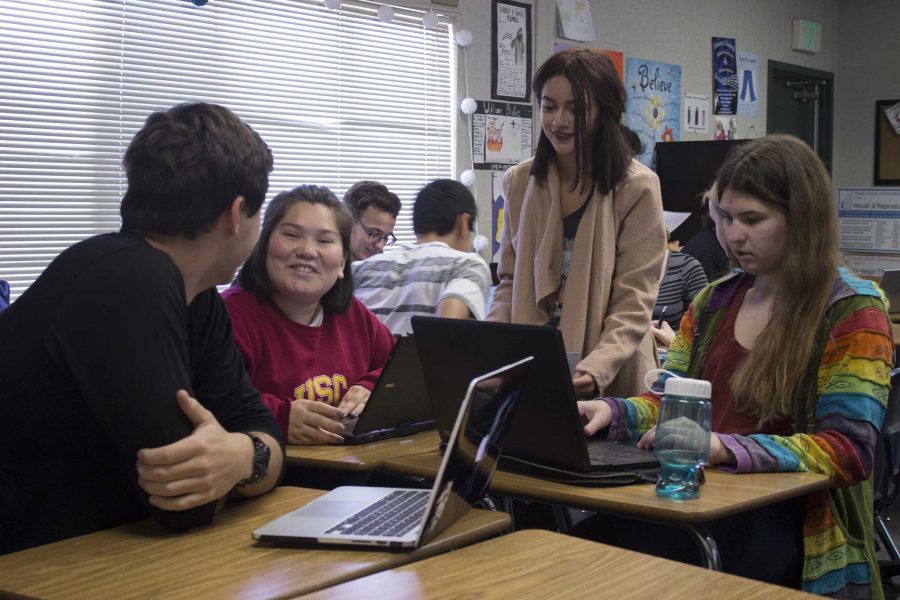 Senior students from the High School at Moorpark College, Noah Jordan, Lucy van Dyke, Brittney Hacco and Nicole Dien, ages 17 to 18, are grouped together for their English in-class essay on Monday, March 7. Photo by: Katlynne De Guzman.