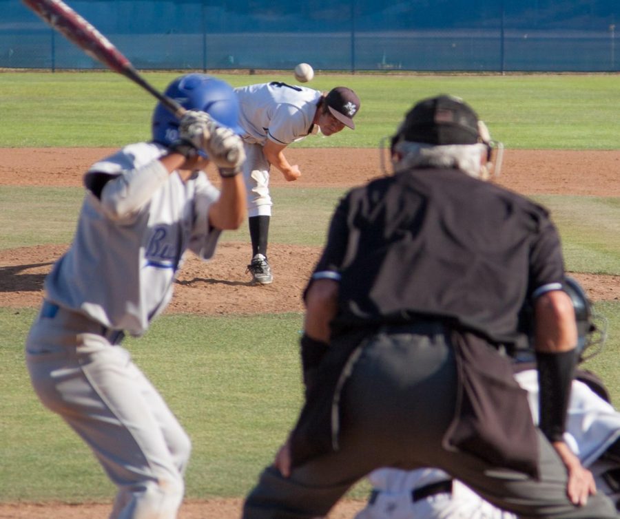 Pitcher Michael Deleon fires the ball down the line in Tuesday afternoon’s baseball game with Hancock College in the Moorpark Stadium, April 26