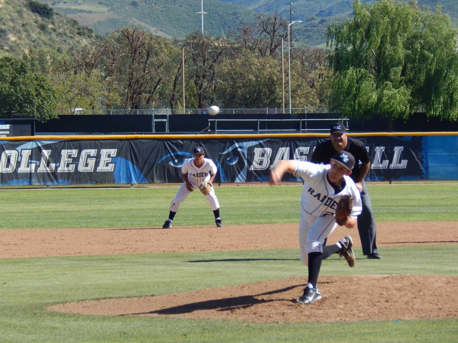 Right-handed starter Trevor Weston pitching against the Vaqueros in Thursdays game at Raiders Stadium. Moorpark lost the game 5-3. Photo credit: Brian King
