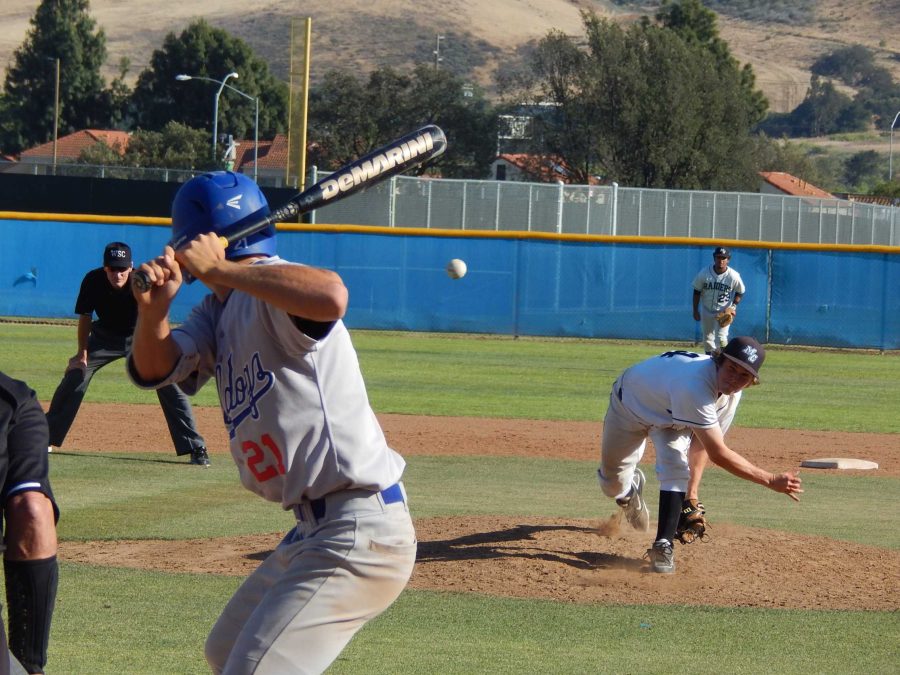 Relief pitcher Michael Deleon throws to Hancock College batter Kyle von Tillow, who gets set to swing in the game at Raiders Stadium,Tuesday, April 26. Moorpark won the game 7-5 in 14 innings. Photo credit: Brian King