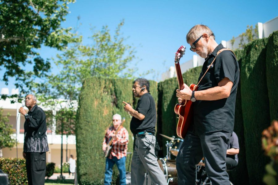 Members of the Melvin Eddy Blues Band (from left) Melvin Eddy, Terry Middlebrooke, Michael deLavallade, and Phil Bristow play their set during Multicultural Day at Moorpark College on Tuesday, April 12th. Photo credit: Marcos Manrique