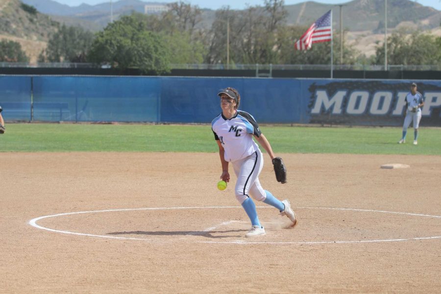 Pitcher Miranda Faulkner throws out a pitch during the Lady Raiders doubleheader on Tuesday, April 26 against LA Pierce College. Moorpark won both games to become WSC Conference champions.