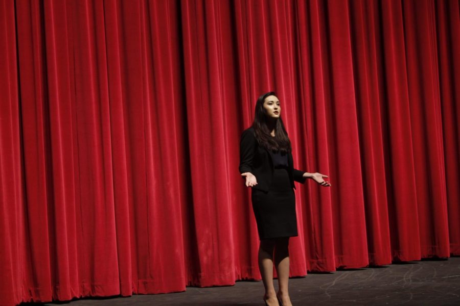 Katie Gerbasi, member of the Moorpark College Forensics Team, showcases her talent in informative speaking at the Night Before Nationals. Photo credit: Kristen Schulte