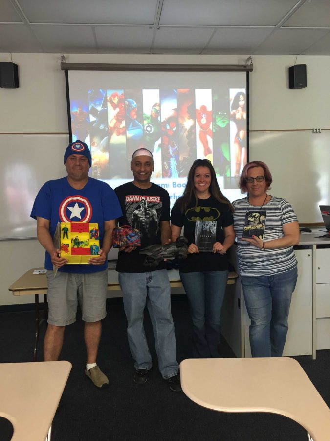 From left, professors Steve Pfeffer, Reet Sumal, Nadia Monosov and Dan Vieira show off their love for super heroes with all their super hero gear. Photo credit: Emily Mireles
