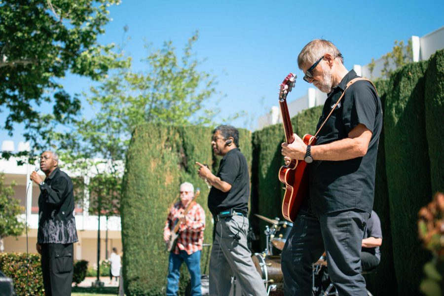 Members of the Melvin Eddy Blues Band (from left) Melvin Eddy, Terry Middlebrooke, Michael deLavallade, and Phil Bristow play their set during Multicultural Day at Moorpark College on Tuesday, April 12th.