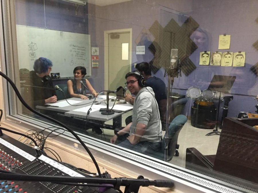 From left, Leslie Kivett, Kayla Colon, Steven Suarez, and Frank Ralph wrapping up a weekly segment of the Student Voice on Air Photo credit: Sheila Samson
