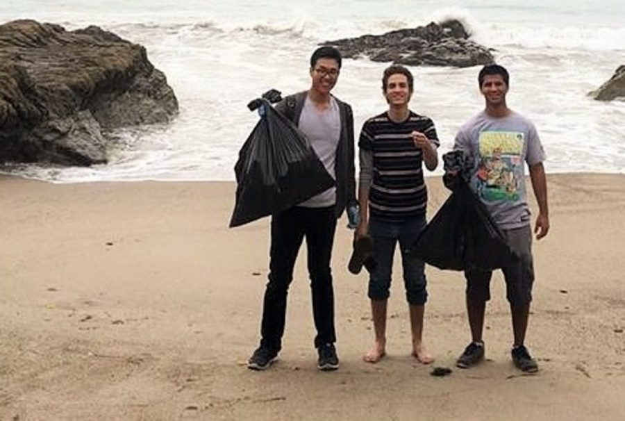 Members of the Honors Club pick up empty cans, cigarrette butts, plastic bags and other trash at at Leo Carillo beach, March 4, 2016.
From left, Kanghyun Kim, Preston Fuci, and President Frank Ralph Photo credit: Sahar Raziq, Honors Club Vice President