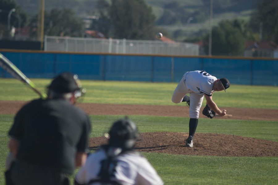 Wyatt Birg pitches against Chaffey College on Feb. 13 afternoons home game.