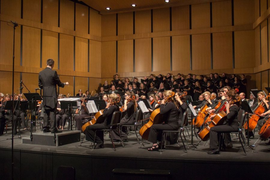 Music Director James Song conducts Moorpark Colleges Symphony Orchestra and Chamber Choir during Americana! on Friday, May 6 in the PAC.  Photo credit: Katlynne De Guzman