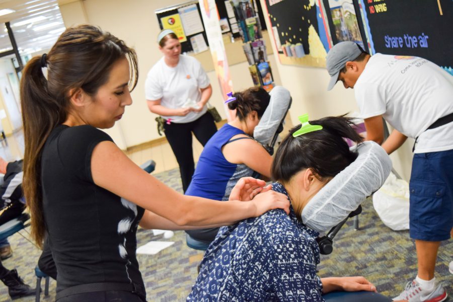 Volunteers from the Thousands Oaks Massage Center give free massages in Moorpark Colleges Administration Building as community service on the second and fourth Thursday of each month. Photo credit: John Louie Menorca