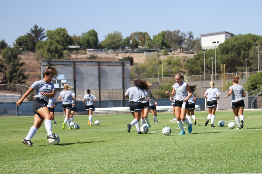 Lady Raiders work on their dribbling during practice on the Moorpark field in preparation of their games on the road against Santiago Canyon College and Long Beach College, Sept. 8, 2016. Photo credit: Mathew Miranda
