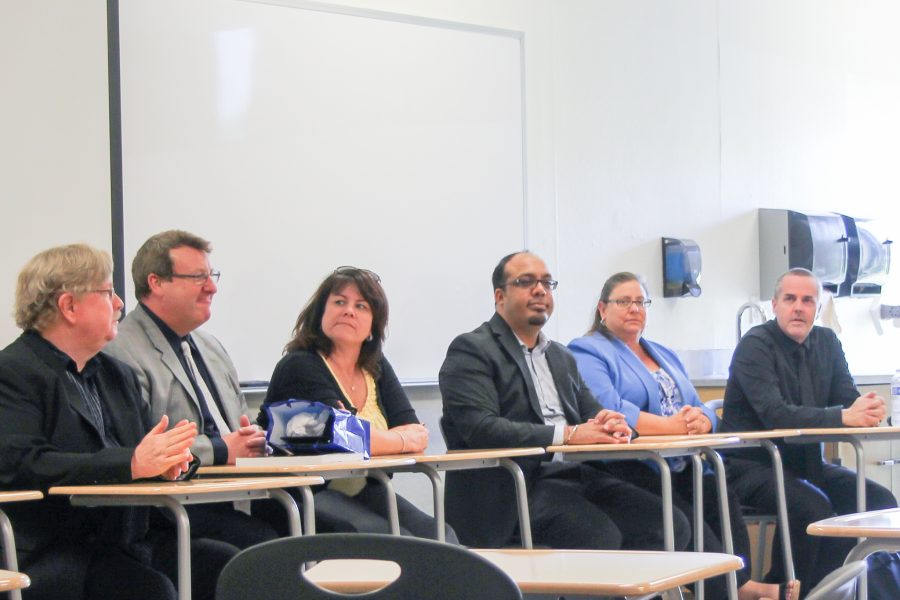 Members of the accreditation team (from left to right: Dr. Joseph Bielanski, Dr. Michael Bagley, Janet Houlihan, Rajinder Samra, Sheri Berger and Kenley Neufeld) gathered during the delivery of their final report at Moorpark College, Thursday, Sept. 29, 2016. Photo credit: Elliott Keegan