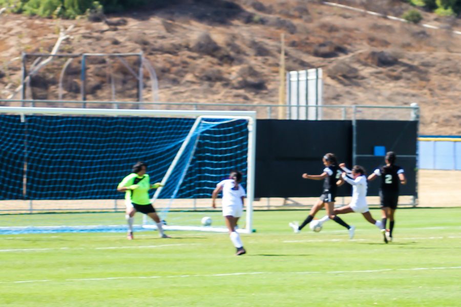 Lady Raider Valerie Romero looks to score against three Irvine Valley defenders during Moorpark Colleges Womens Soccer Season Opener against Irvine Valley College at the Moorpark Stadium, August 30, 2016. Despite high expectations, the game ended in a tie. Photo credit: Mathew Miranda