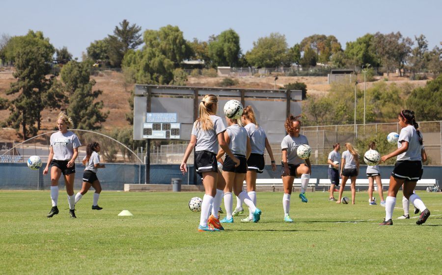 The Moorpark Womens Soccer team practice on the Moorpark field in preparation of their games on the road against Santiago Canyon College and Long Beach College, Sept. 8, 2016. Photo credit: Mathew Miranda