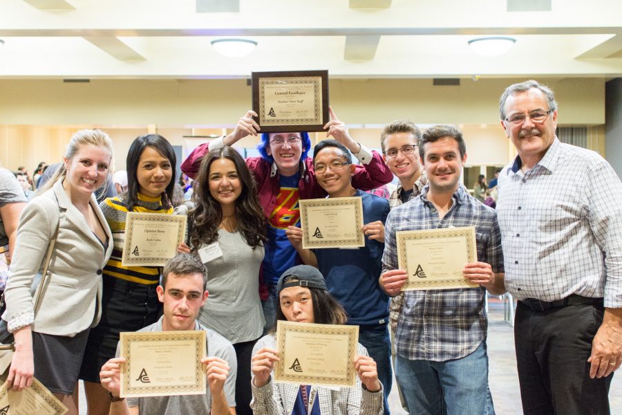 The+Moorpark+College+Student+Voice+staff+holds+up+their+awards+from+the+Journalism+Association+of+Community+Colleges+SoCal+conference+at+Cerritos+College%2C+Oct.+29.+The+Student+Voice+took+home+seven+awards+including+General+Excellence+for+their+online+publication.+Photo+credit%3A+Willem+Schep