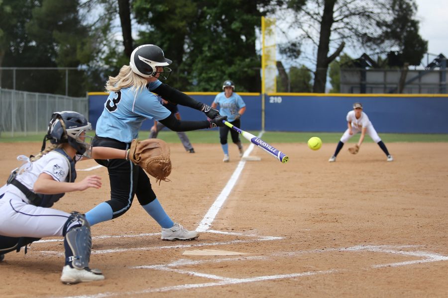 Lacee Smollen singles to score Caitlin Vinyard in round one of the playoffs versus College of the Canyons last season. Photo credit: Moorpark Athletics Department