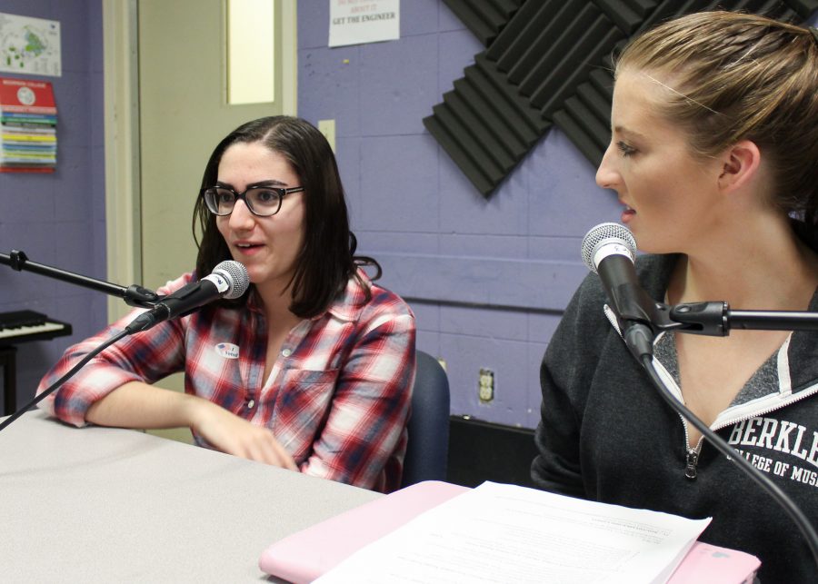 Natalia Vivino, left, a 20-year-old Theatre Arts major, speaks about her excitement in receiving a nomination for the Ovations Award with Student Voice Editor-in-Chief Casey Ahern   in the Communications building, room 118, on Nov. 8. Photo credit: Son Ly