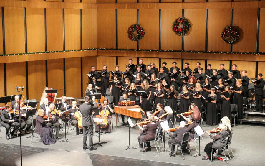 Brandon Elliott, conductor and director of the Moorpark College Choral Music Program leads the orchestra, choir, and vocal ensemble through Antonio Vivaldis Gloria during their Saturday performance of Holiday Lights in the campus Performing Arts Center, Dec. 4. Photo credit: Francisco Molina