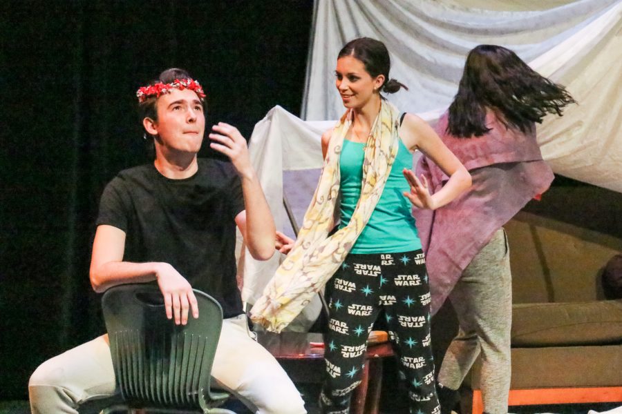 From left, Seamus McLean, 19, Gillian Mansfield, 18, and Neida Franco, 19, participate in humorous storytelling and the building of a blanket-fort on Nov. 30 in the Black Box theatre of the campus Performing Arts Center during Ever After, one of 10 one-act plays performed as part of the Moorpark Colleges student-run presentation the Student One-Acts. 