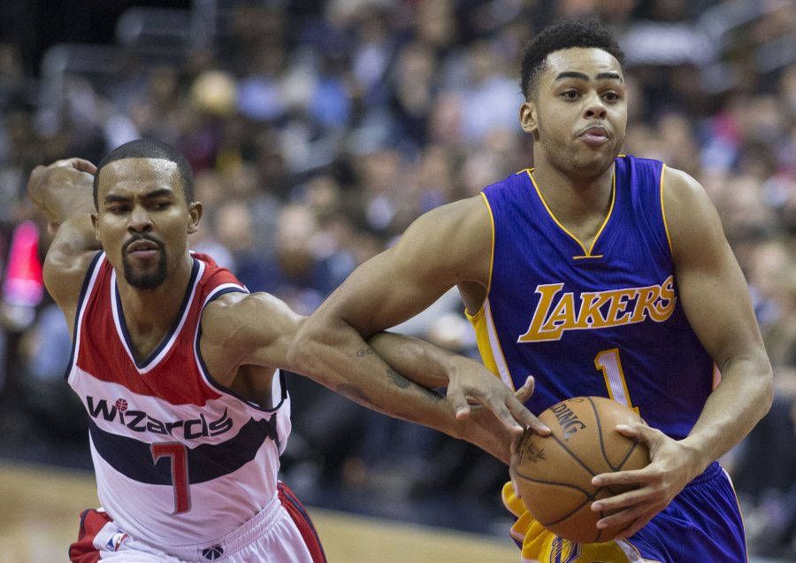 DAngelo Russell, Lakers point guard set his career high of assists per game and scored the final points for his team in the fourth quarter to lead them to victory on Tuesday nights game. Photo Credit: Keith Allison