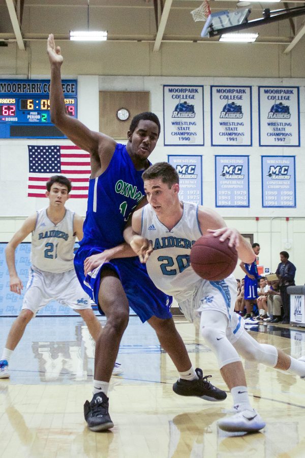 Jake Todey, Guard, dribbles past an Oxnard College defender near the end of the second half.
Moorpark College
Feb. 4, 2017