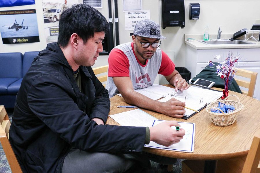 Tutor Kevin Ying, 27, left, reviews math class materials with Geaquari Carlisle, 25, in the Veterans Resource Center. Photo credit: John Louie Menorca
