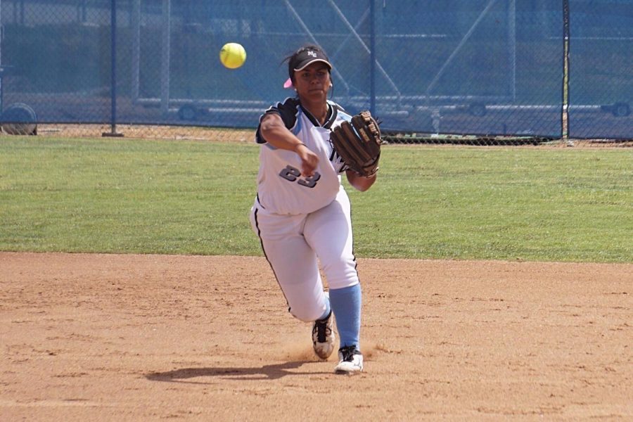 Sierra Huerta, 18, kinesiology major, throws a softball for the Moorpark college team. Huerta manages to balance her school load with work and two sports.