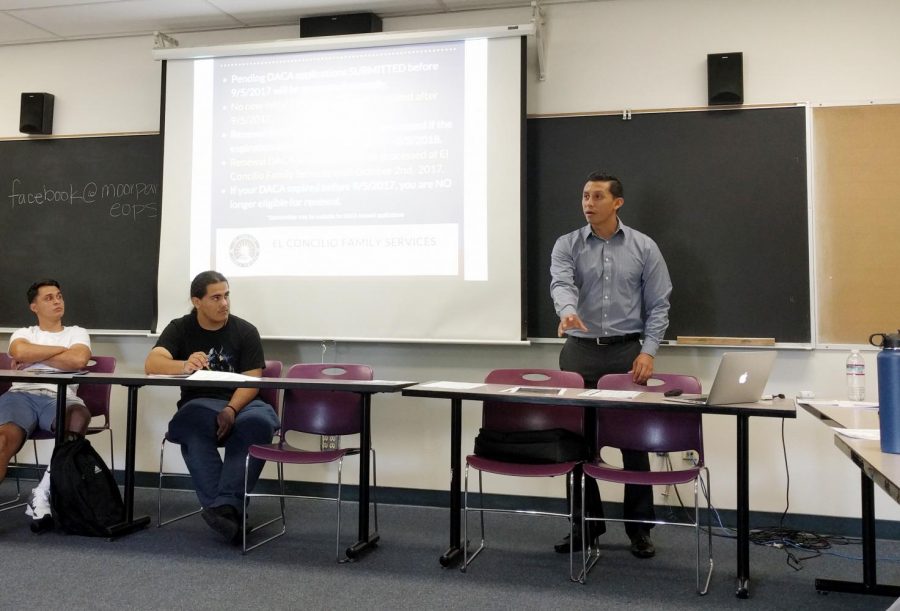 Sergio Lagunas (right), a representative from El Concilio Family Services, speaks about immigrant rights and action steps following the repeal of DACA. Lagunas was brought in by the campus to offer information and advice to DACA students. Photo credit: Martin Bilbao