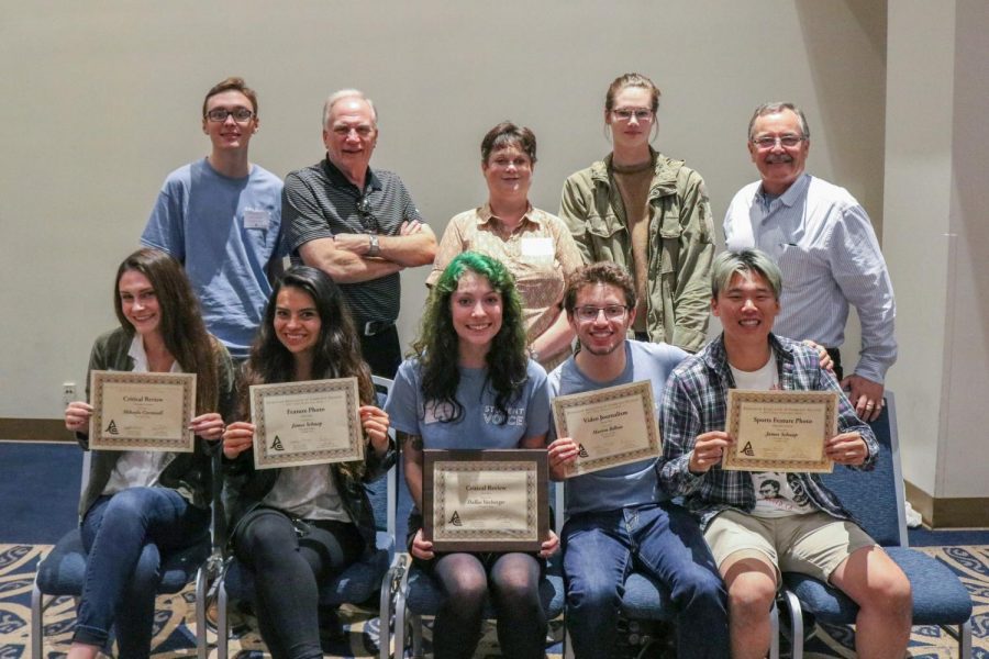 The attending members of the Student Voice staff pose for a photo following the awards ceremony. Dallas Vorburger, center bottom, and Martin Bilbao, bottom right center, were among the high placing winners.