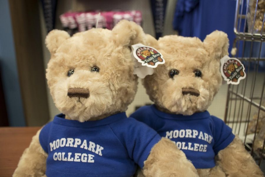 Moorpark College teddy bears wear blue shirts to represent having school spirit. The colleges Student Store sells many items and garments that adorn the Moorpark College logo, some of which will be handed out on Bluesday. Photo credit: Dallas Vorburger