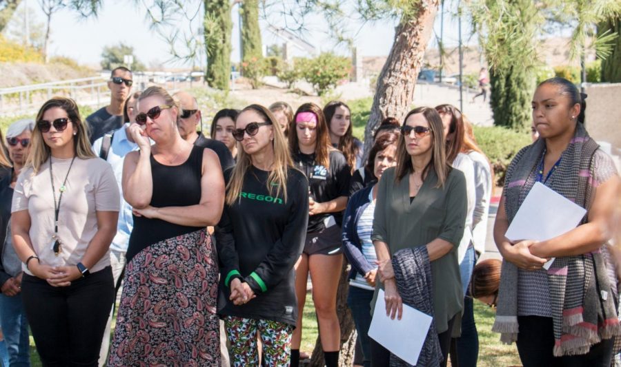 Students, staff and faculty mourn at a vigil held at Moorpark College.The vigil was held to remember those affected by the Las Vegas Strip shooting earlier this month. Photo credit: Eric Caldwell