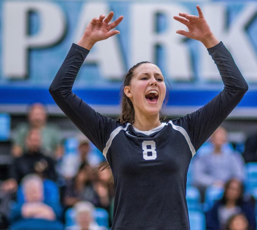 Freshman outside hitter Miranda Poole shows excitement after the Raiders score against Ventura College. Moorpark defeated Ventura on Nov. 8 and were announced WSC champions at the end of the game. The Raiders share this title with Santa Barbara City College. Photo credit: James Schaap