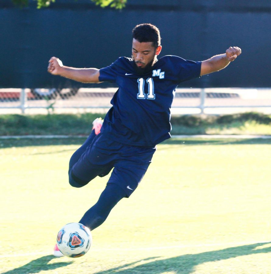 Winger and striker Jordi Arellano crosses the ball to attacking midfielder Jonathon Ramirez. With one touch, Ramirez scored the first goal of the game off of Arellano's assist. The Raiders ended the game in a 3-2 loss against Santa Barbara on Nov. 7th. Photo credit: Eric Caldwell