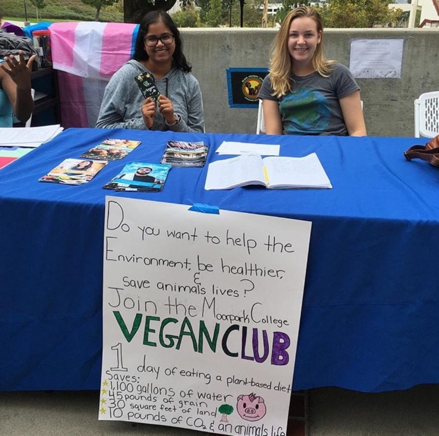 Anjali+Khandelwal%2C+left%2C+and+Bianca+Bonilla+represent+the+new+Moorpark+College+Vegan+Club+during+Club+Rush+2017.+The+Vegan+Club+promotes+living+compassionately+through+adopting+a+plant-based+diet+and+lifestyle.+Photo+credit%3A+Rachel+Desimone