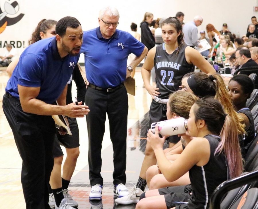 Head Coach Kenny Plummer talks to his team during a break in the action at Ventura College. Photo credit: Ryan Ketcham