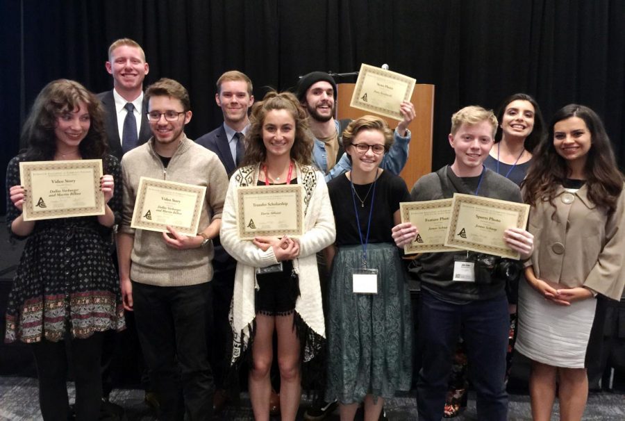 From the left, Dallas Vorburger, Ryan Ketcham, Martin Bilbao, Kevin Bell, Darya Abbassi, Evan Reinhardt, Emily Nelissen, James Schaap, Michelle De Leon and Viviana Cardoza show off their awards at the Journalism Association of Community Colleges at Burbank, Calif on March 24, 2018. Moorpark College took home 11 awards for submitted work and on-the-spot competitions. Photo credit: Viviana Cardozo