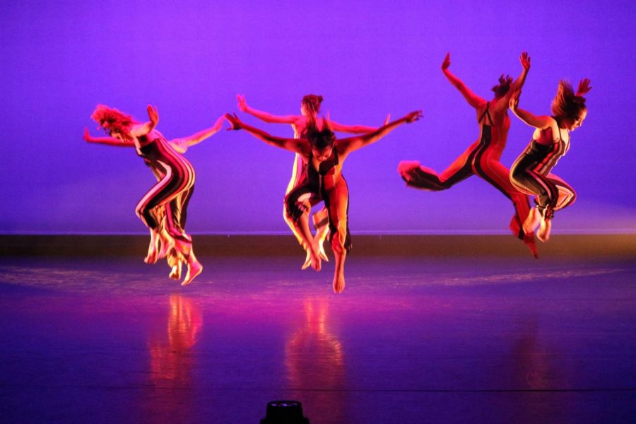 This dance, Oblivion, was choreographed by Andy  Carrilo, a student choreographer, which featured six dancers in the show Motion Flux, in Moorpark Calif. The dancers wore stripped jumpers which matched the lighting for their dance perfectly. Photo credit: Darya Abbassi