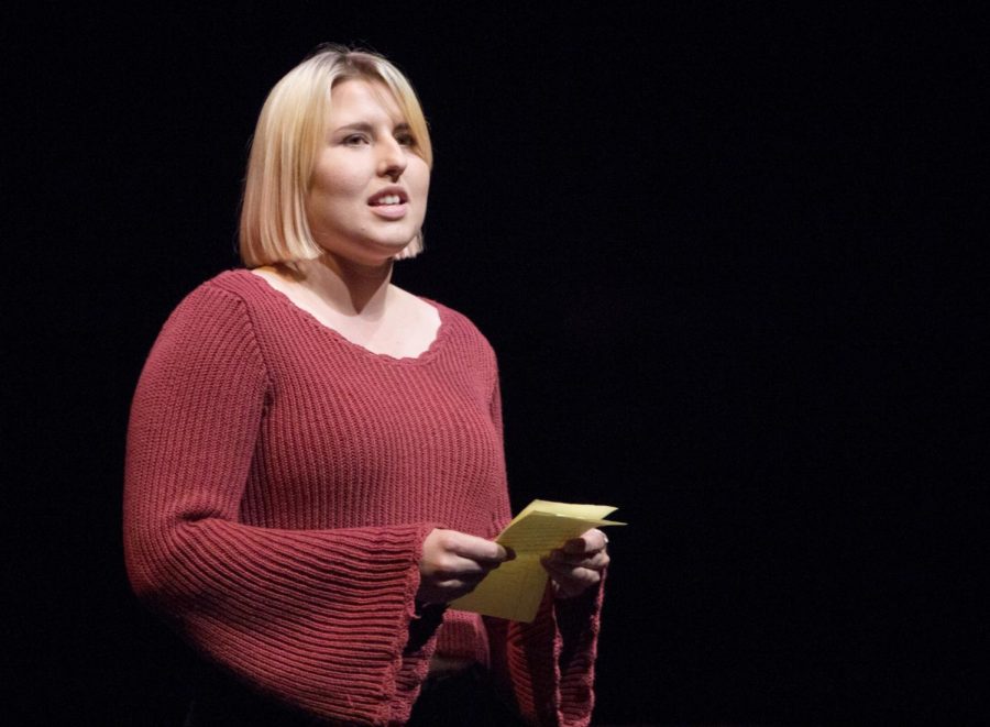 Penny Hill, 23, playing Lottie, reads two poems about the struggles of identity for asexual individuals during the Student One Acts at Moorpark College, on April 25, 2018. Hills performance was titled Ace, in refernce to the shorthand term for asexual. Photo credit: Evan Reinhardt