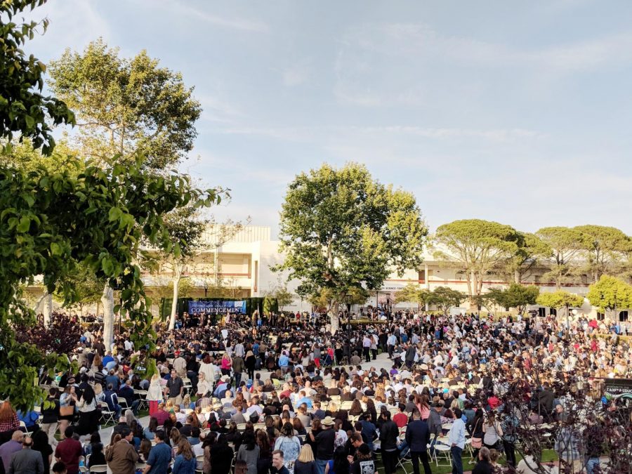 Several hundred guests surround over 400 graduates attending the Moorpark College commencement ceremony on May 18. Just over 34 percent of the class of 2018 graduated with honors, according to college president Luis Sanchez. 