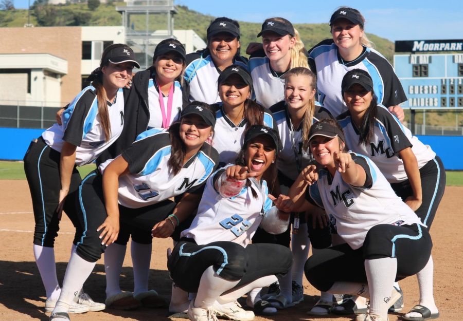 The Moorpark Raiders softball team are posing for their last picture together following the 6-5 walk-off victory over Pasadena City College on April 25, 2018. There are five sophomores on the team Photo credit: Ryan Ketcham