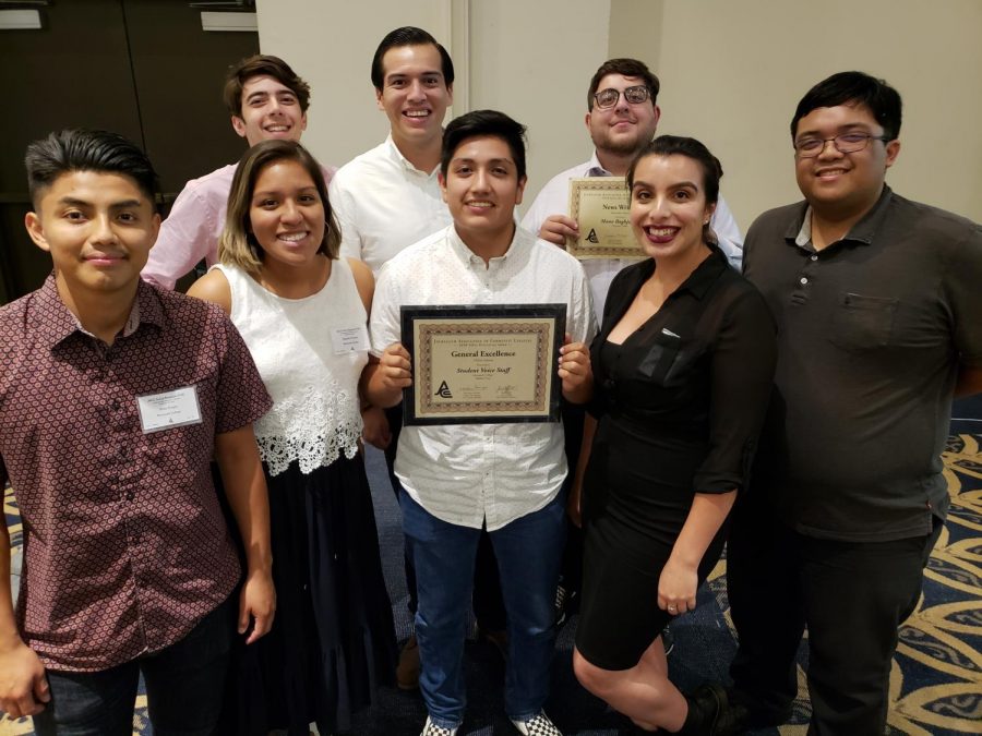 Ulises Koyoc, Shariliz Poveda, Alec Travanti, Conrad De Santigo, Luis Miron, Michelle De Leon, Mano Baghjajian and John Louie Menorca took a moment, after a day of workshops and contests, at the 2018 regional JACC conference, to celebrate the Student Voices achievements before driving home. Photo credit: Sean Greene