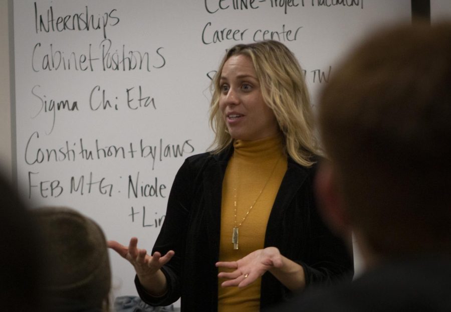 Professor Jenna Patronete discuss cabinet positions with the Communication Studies club during their first meeting on Jan. 16, 2019, in PA 119. Photo credit: Evan Reinhardt